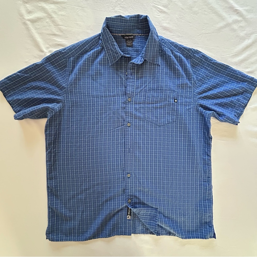 Marmot Shirt Mens XL Blue Check Short Sleeve Button Up Outdoor Lightweight
